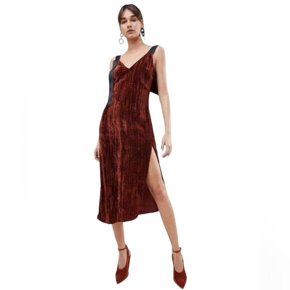 ASOS brown velvet asymmetrical hem midi dress size 10 - Picture 1 of 12
